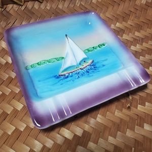 Vintage Sailboat Square Ashtray Decor 3D Ceramic Art Tray Coastal Lake O…